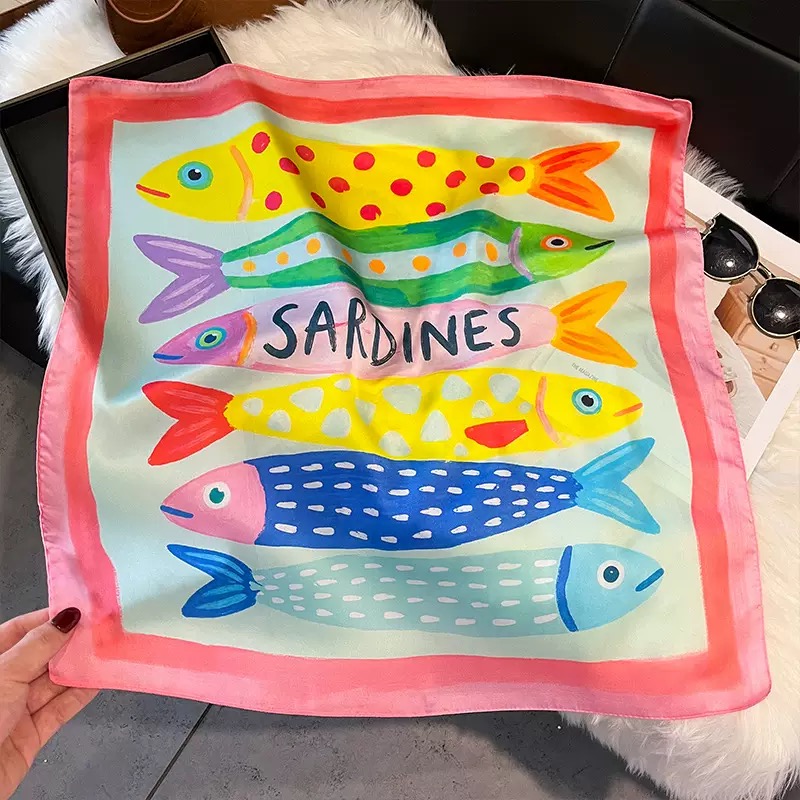 Scarf Silk Square - Modische Fischmuster Quadratische Seidenkopftücher Eleganter Hijab